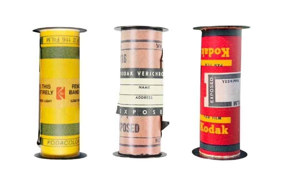 Three rolls of Kodak 116 film, Kodacolor II, Verichrome and Panatomic, the 70mm roll film developed by The Darkroom