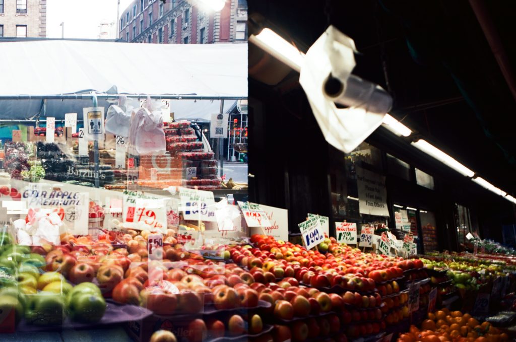 Double Exposure of Fruit Stands in NYC. Visitor xv-2