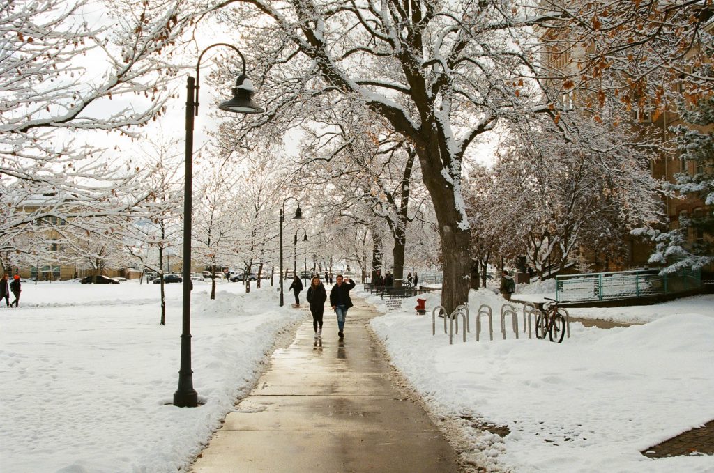 Utah State University campus in on a snowy January 2020 afternoon